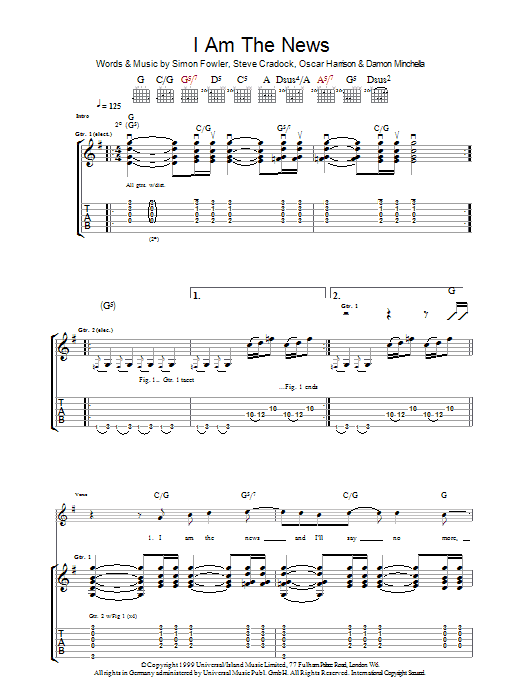 Learn to play Ocean Colour Scene I Am The News sheet music for Guitar Tab in minutes. Price: 7.8900$ Ocean Colour Scene I Am The News sheet music notes and chords arranged for Guitar Tab