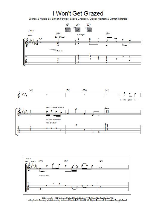 Learn to play Ocean Colour Scene I Won't Get Grazed sheet music for Guitar Tab in minutes. Price: 7.8900$ Ocean Colour Scene I Won't Get Grazed sheet music notes and chords arranged for Guitar Tab