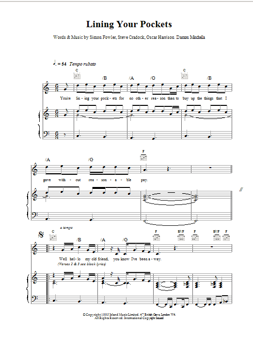 Ocean Colour Scene Lining Your Pockets sheet music notes and chords arranged for Piano, Vocal & Guitar Chords