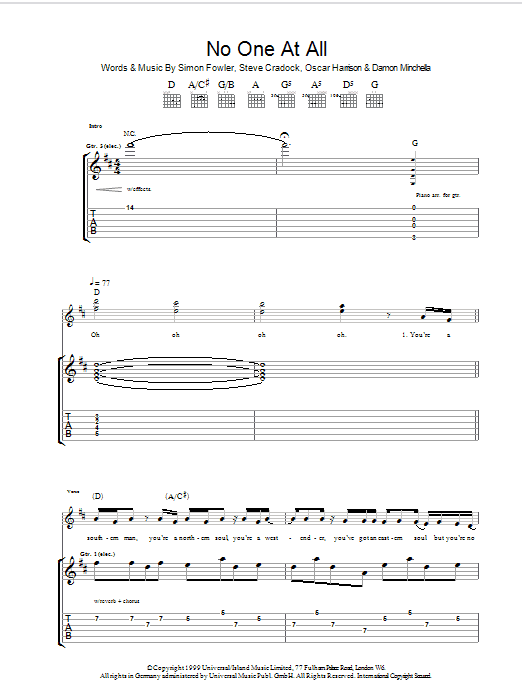 Learn to play Ocean Colour Scene No One At All sheet music for Guitar Tab in minutes. Price: 7.8900$ Ocean Colour Scene No One At All sheet music notes and chords arranged for Guitar Tab