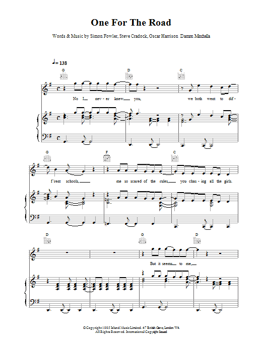 Ocean Colour Scene One For The Road sheet music notes and chords arranged for Piano, Vocal & Guitar Chords