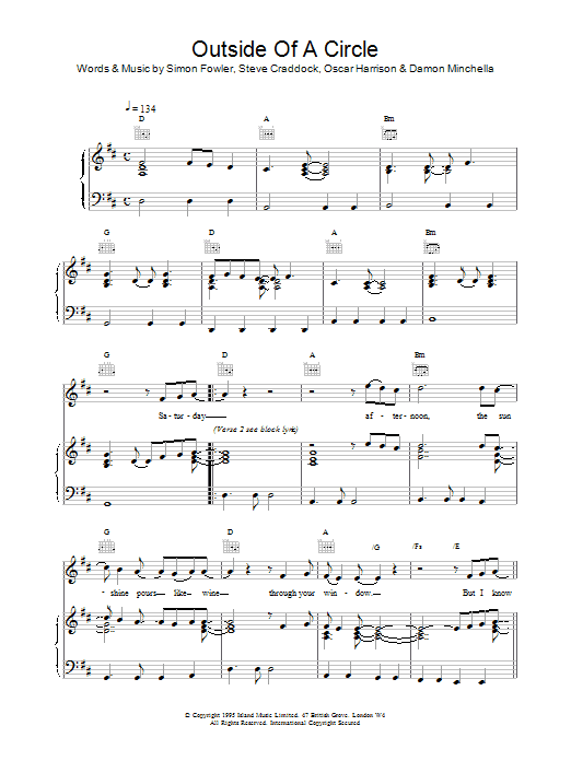 Learn to play Ocean Colour Scene Outside Of A Circle sheet music for Piano, Vocal & Guitar Chords in minutes. Price: 7.8900$ Ocean Colour Scene Outside Of A Circle sheet music notes and chords arranged for Piano, Vocal & Guitar Chords