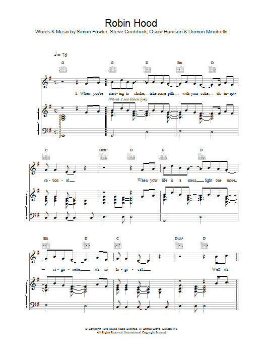 Learn to play Ocean Colour Scene Robin Hood sheet music for Piano, Vocal & Guitar Chords in minutes. Price: 7.8900$ Ocean Colour Scene Robin Hood sheet music notes and chords arranged for Piano, Vocal & Guitar Chords