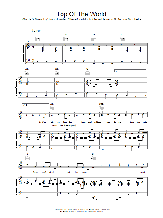 Learn to play Ocean Colour Scene Top Of The World sheet music for Piano, Vocal & Guitar Chords in minutes. Price: 7.8900$ Ocean Colour Scene Top Of The World sheet music notes and chords arranged for Piano, Vocal & Guitar Chords