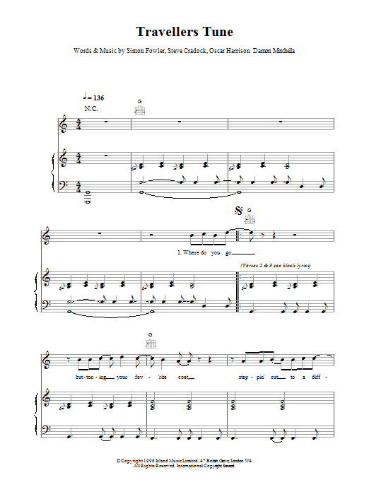 Ocean Colour Scene Travellers Tune sheet music notes and chords arranged for Piano, Vocal & Guitar Chords