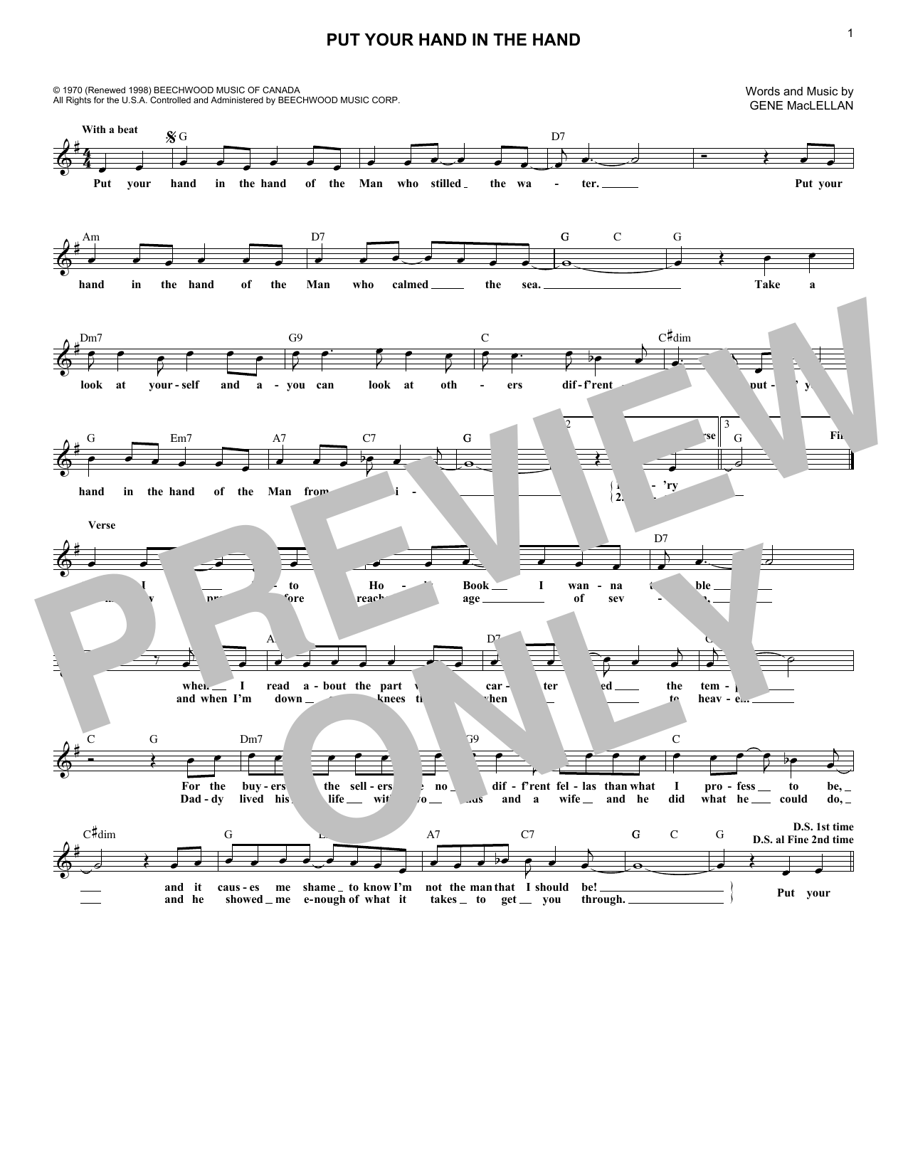 Ocean Put Your Hand In The Hand sheet music notes and chords. Download Printable PDF.