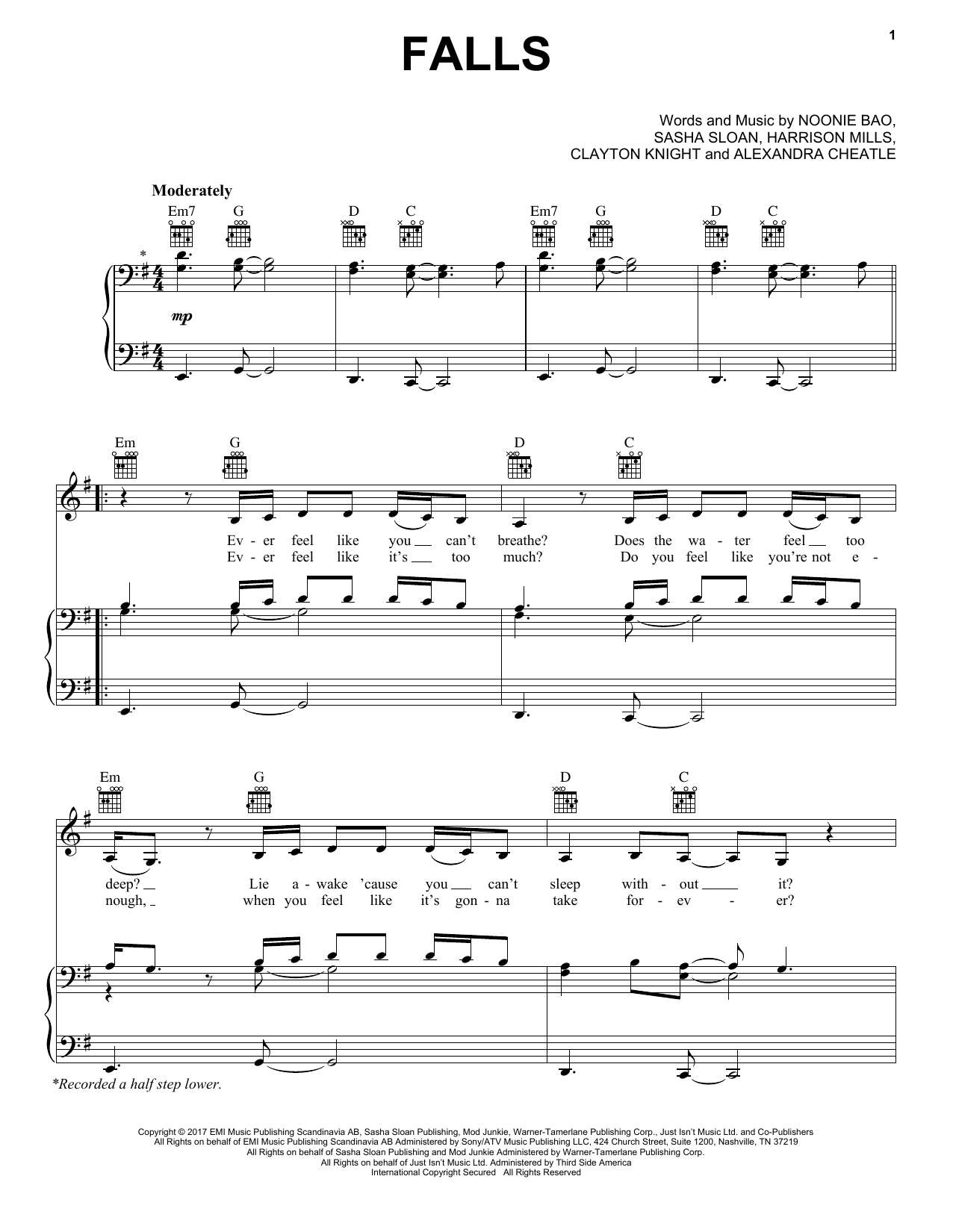 ODESZA Falls (Feat. Sasha Sloan) sheet music notes and chords. Download Printable PDF.