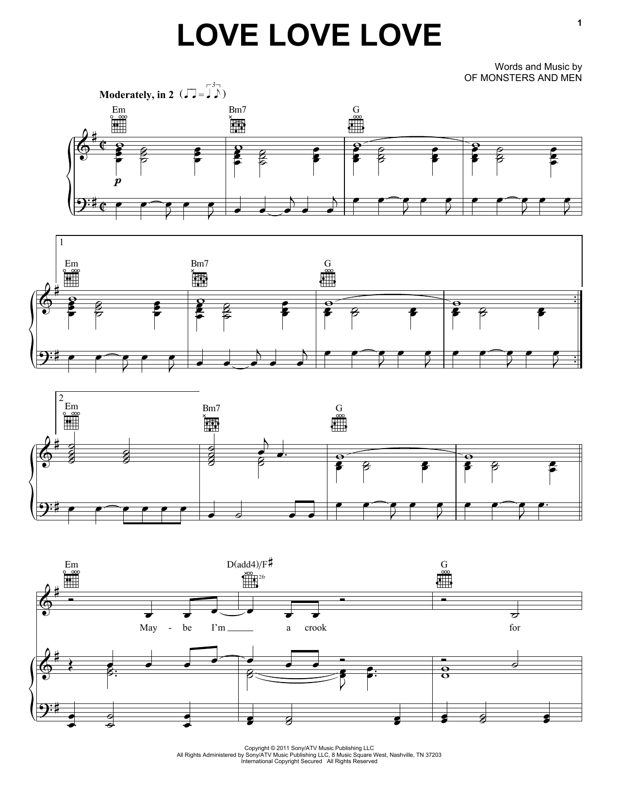 Of Monsters and Men Love Love Love sheet music notes and chords arranged for Piano, Vocal & Guitar Chords (Right-Hand Melody)