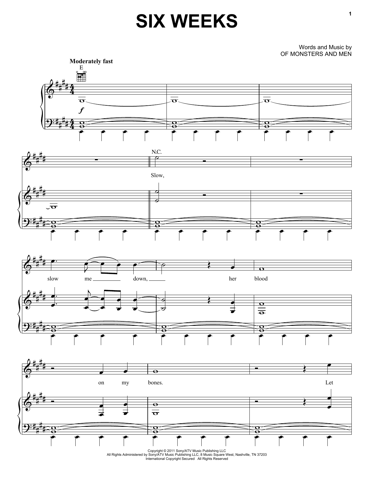 Of Monsters and Men Six Weeks sheet music notes and chords arranged for Piano, Vocal & Guitar Chords (Right-Hand Melody)