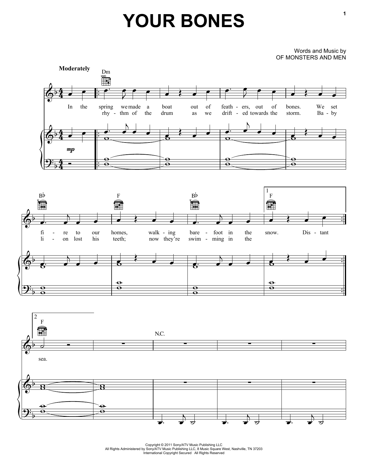 Learn to play Of Monsters and Men Your Bones sheet music for Piano, Vocal & Guitar Chords (Right-Hand Melody) in minutes. Price: 7.8900$ Of Monsters and Men Your Bones sheet music notes and chords arranged for Piano, Vocal & Guitar Chords (Right-Hand Melody)