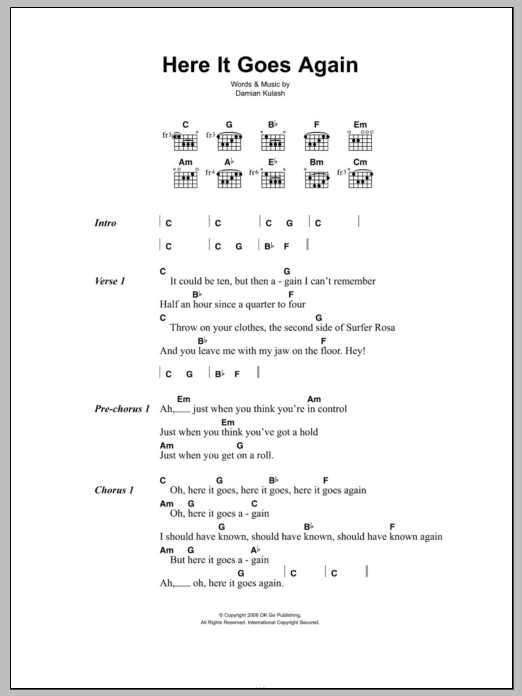 OK Go Here It Goes Again sheet music notes and chords. Download Printable PDF.