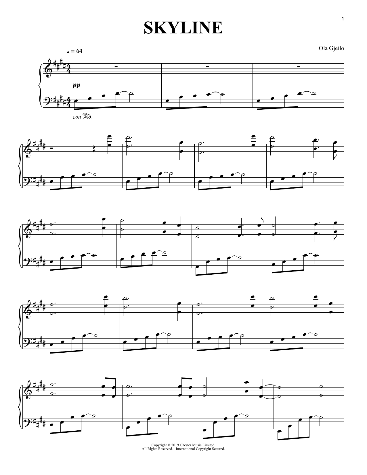 Ola Gjeilo Skyline sheet music notes and chords arranged for Piano Solo