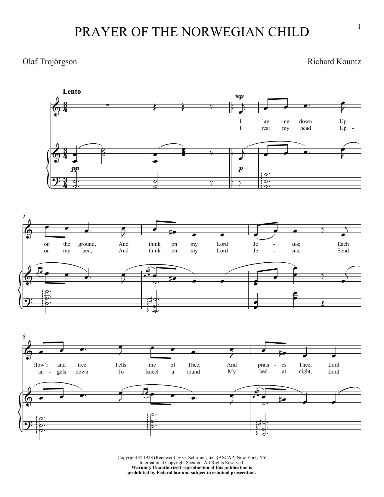 Olaf Trojargson Prayer Of The Norwegian Child sheet music notes and chords. Download Printable PDF.