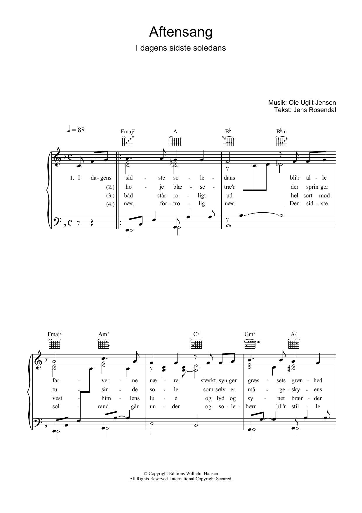 Learn to play Ole Ugilt Jensen Aftensang I Dagens Sidste Soledans sheet music for Piano, Vocal & Guitar Chords in minutes. Price: 7.8900$ Ole Ugilt Jensen Aftensang I Dagens Sidste Soledans sheet music notes and chords arranged for Piano, Vocal & Guitar Chords