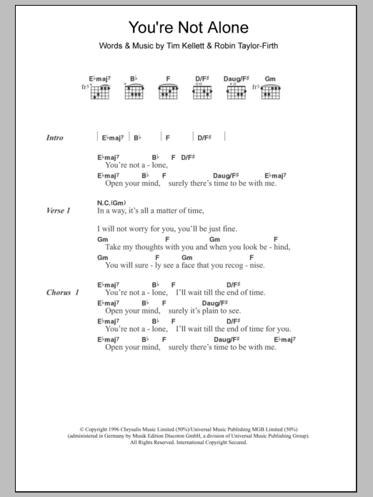 Learn to play Olive You're Not Alone sheet music for Piano Chords/Lyrics in minutes. Price: 4.4900$ Olive You're Not Alone sheet music notes and chords arranged for Piano Chords/Lyrics