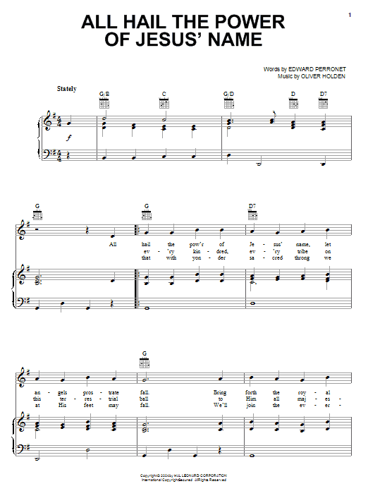 Learn to play Oliver Holden All Hail The Power Of Jesus' Name sheet music for Easy Piano in minutes. Price: 6.9900$ Oliver Holden All Hail The Power Of Jesus' Name sheet music notes and chords arranged for Easy Piano