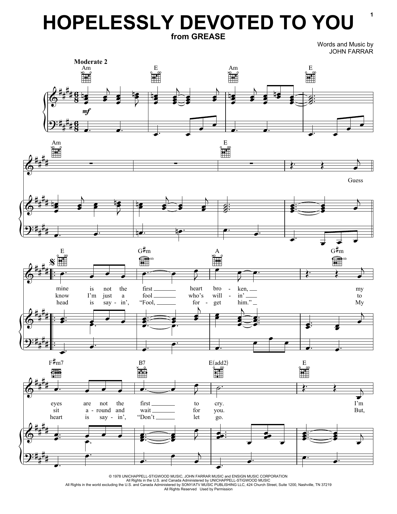 Olivia Newton-John Hopelessly Devoted To You (from Grease) sheet music notes and chords. Download Printable PDF.