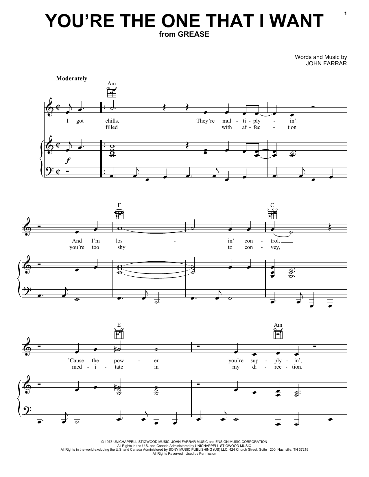 Olivia Newton-John & John Travolta You're The One That I Want (from Grease) sheet music notes and chords. Download Printable PDF.