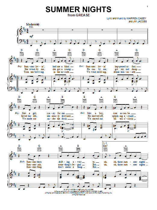 Olivia Newton-John Summer Nights (from Grease) sheet music notes and chords. Download Printable PDF.