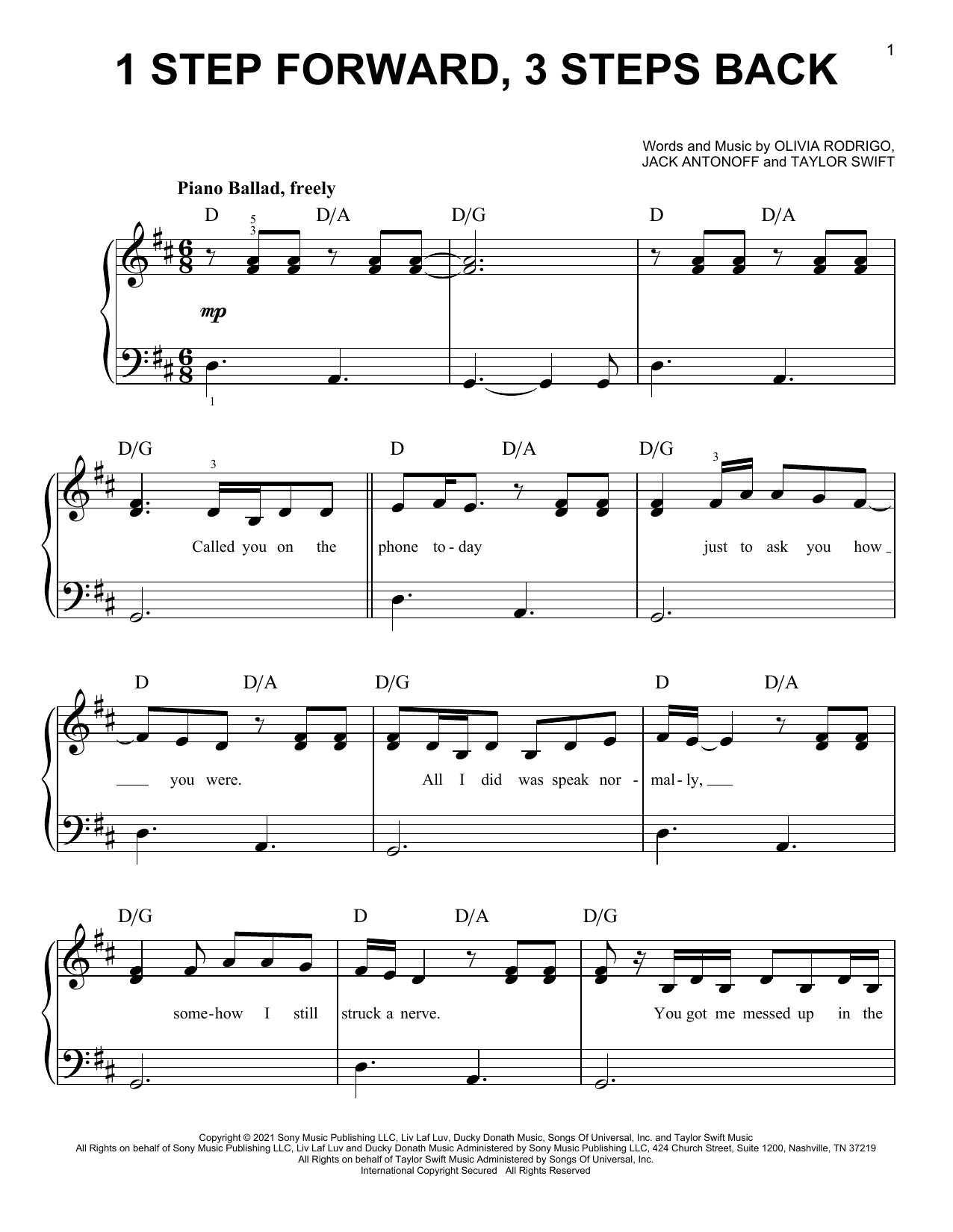 Olivia Rodrigo 1 step forward, 3 steps back sheet music notes and chords. Download Printable PDF.