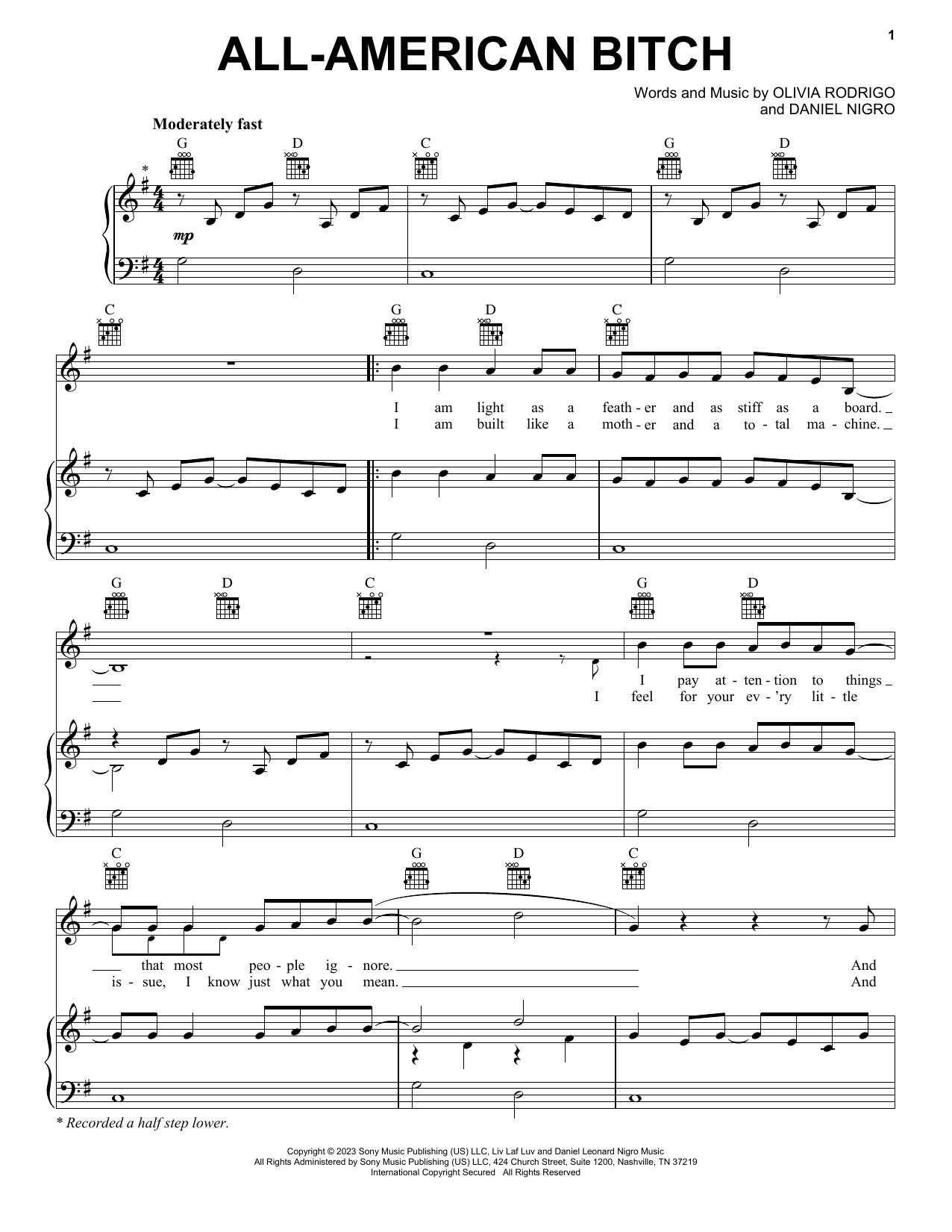 Olivia Rodrigo all-american bitch sheet music notes and chords. Download Printable PDF.