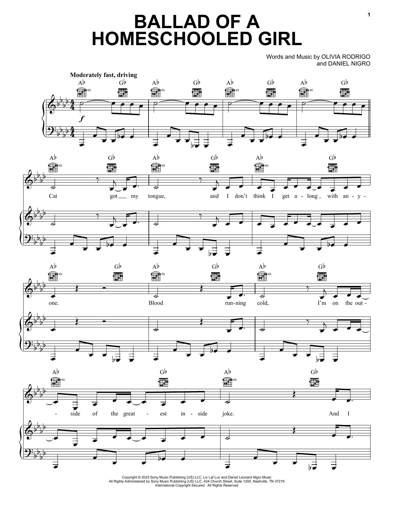 Olivia Rodrigo ballad of a homeschooled girl sheet music notes and chords. Download Printable PDF.