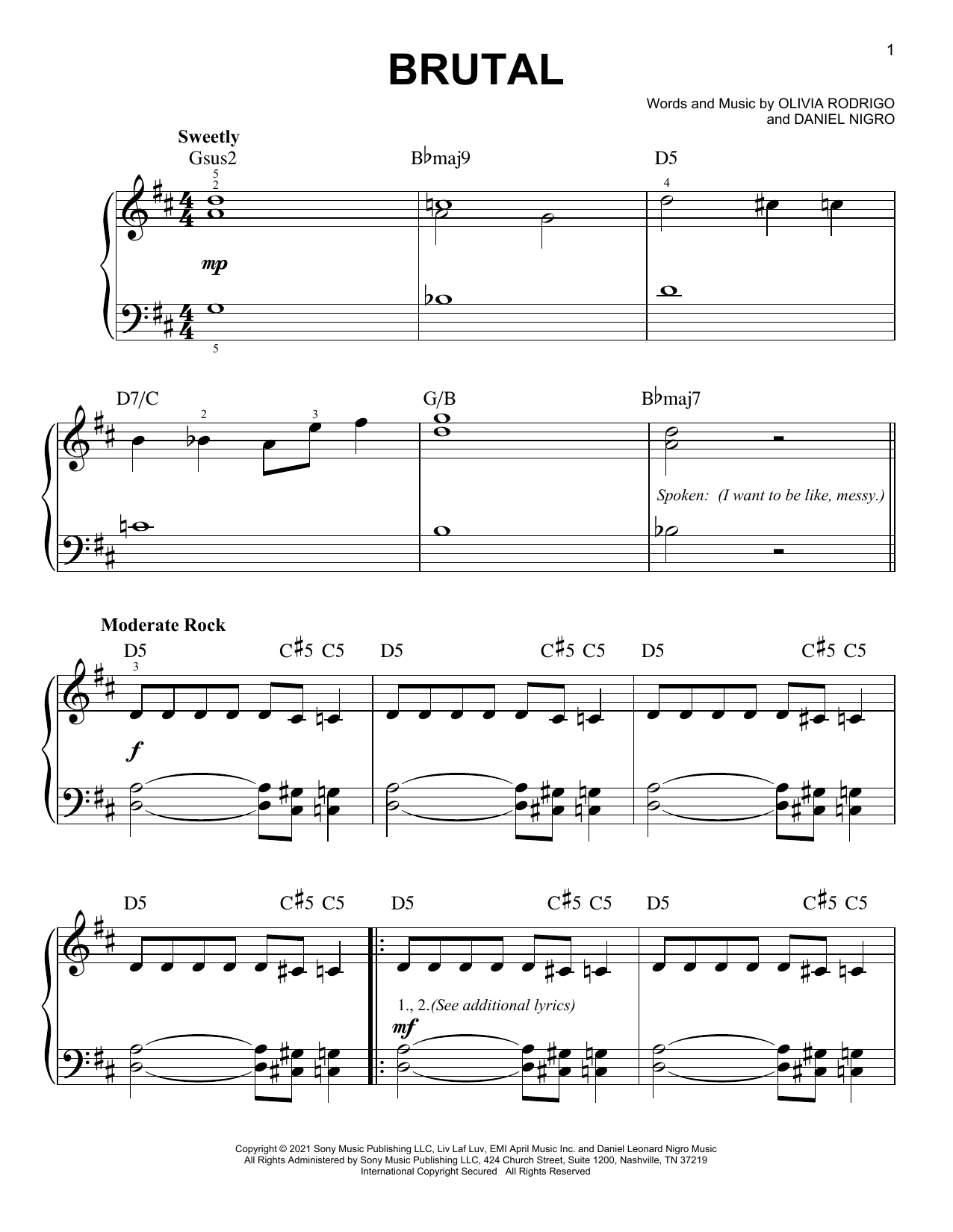 Olivia Rodrigo brutal sheet music notes and chords. Download Printable PDF.