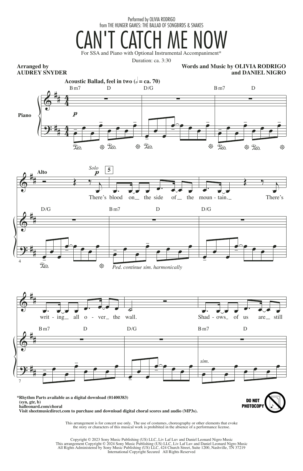 Olivia Rodrigo Can't Catch Me Now (from The Hunger Games: The Ballad Of Songbirds & Snakes) (arr. Audrey Snyder) sheet music notes and chords. Download Printable PDF.