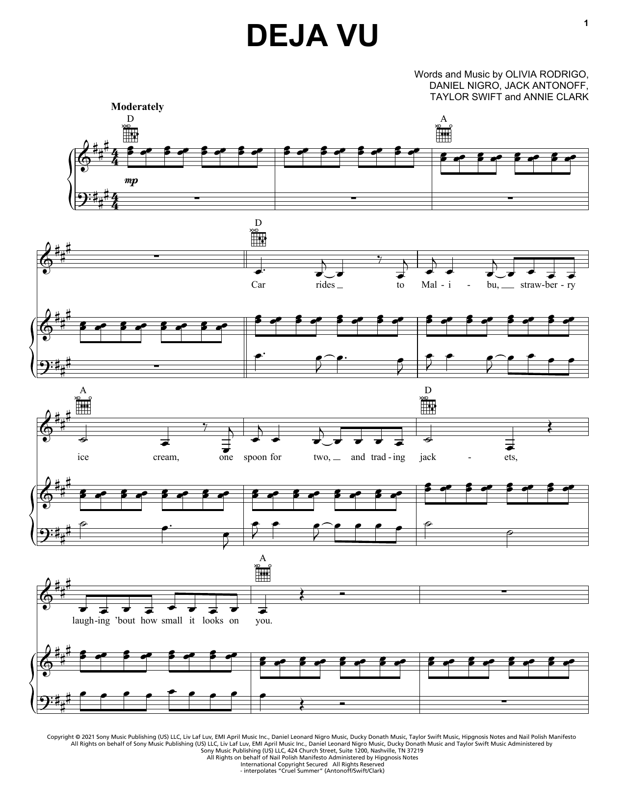 Olivia Rodrigo deja vu sheet music notes and chords. Download Printable PDF.