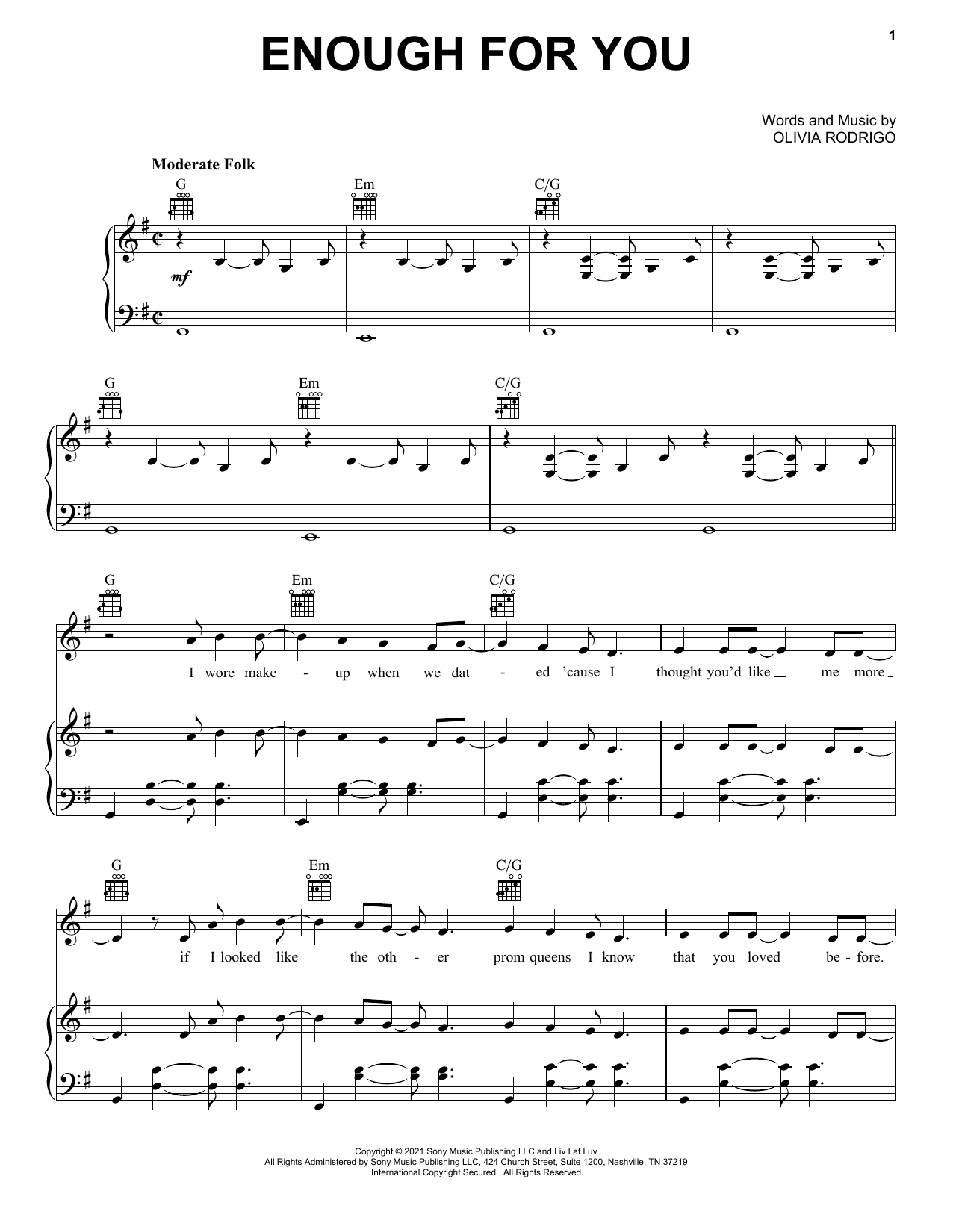 Olivia Rodrigo enough for you sheet music notes and chords. Download Printable PDF.