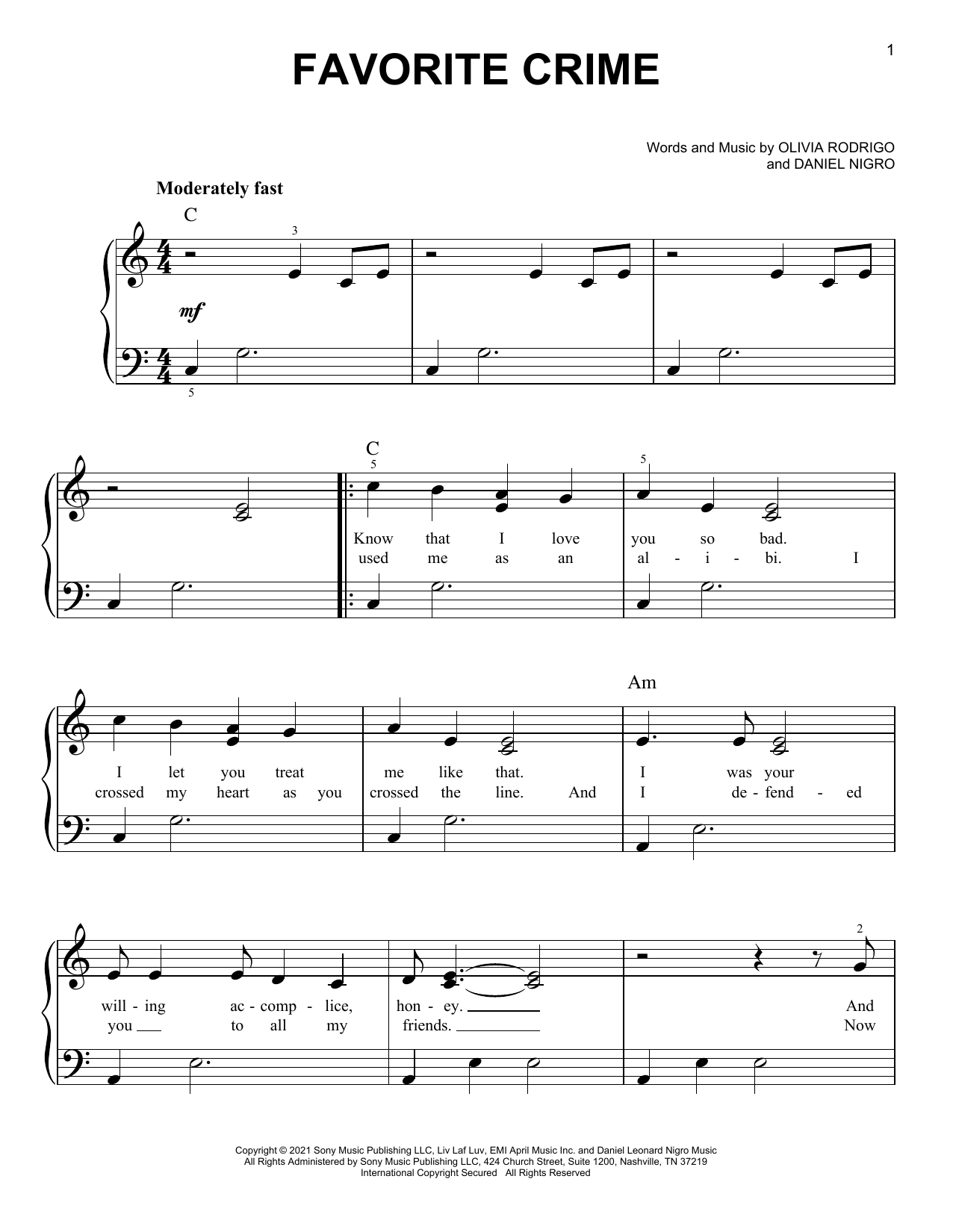 Olivia Rodrigo favorite crime sheet music notes and chords. Download Printable PDF.