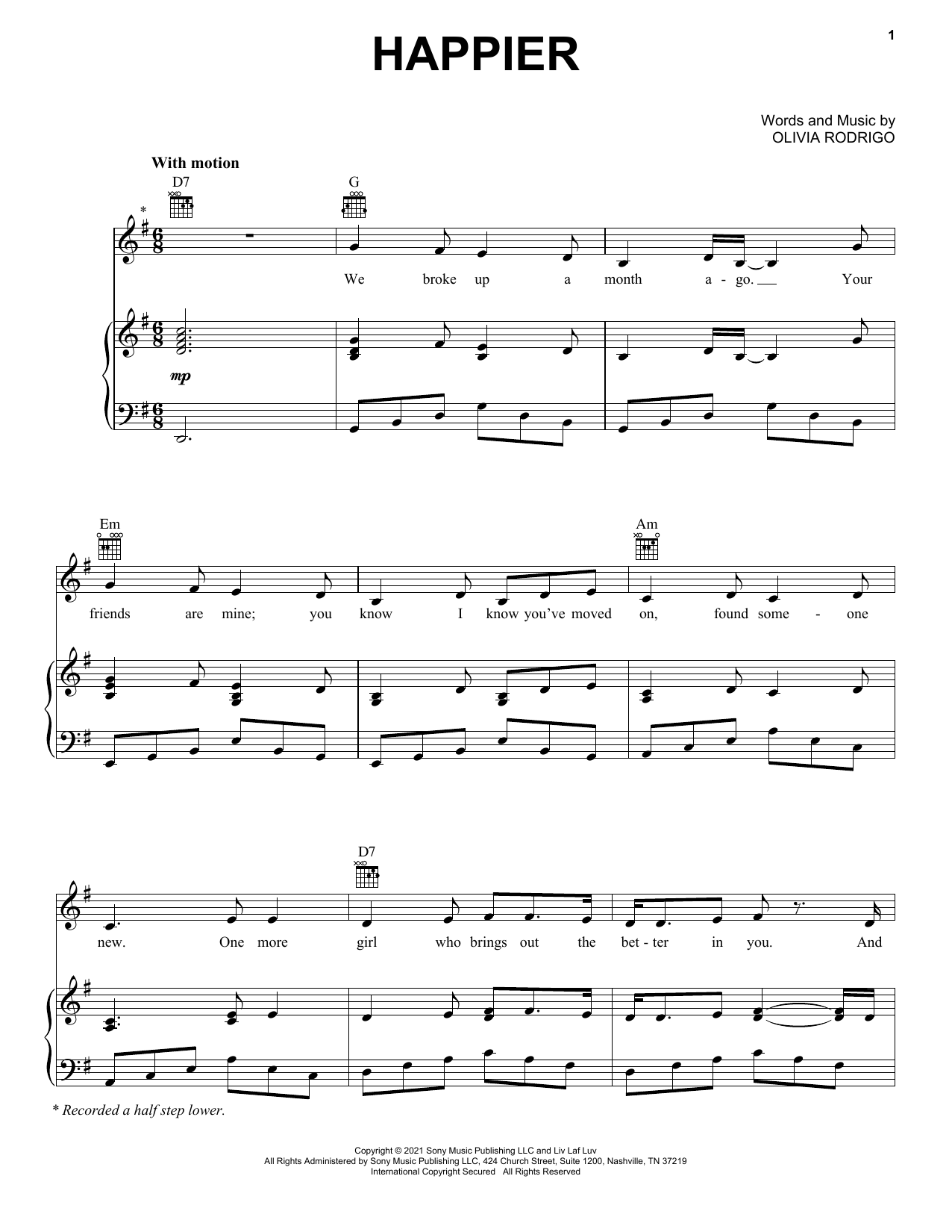 Olivia Rodrigo happier sheet music notes and chords. Download Printable PDF.