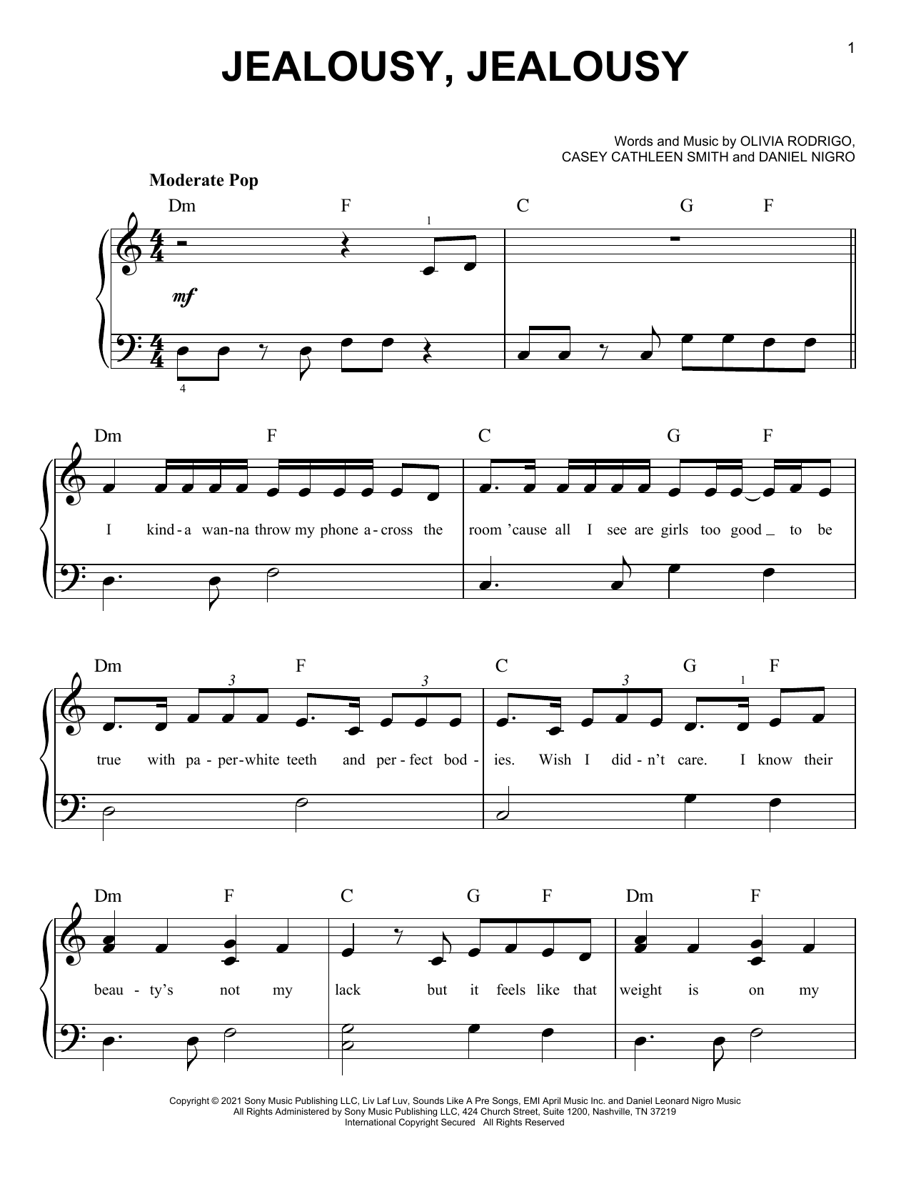 Olivia Rodrigo jealousy, jealousy sheet music notes and chords. Download Printable PDF.