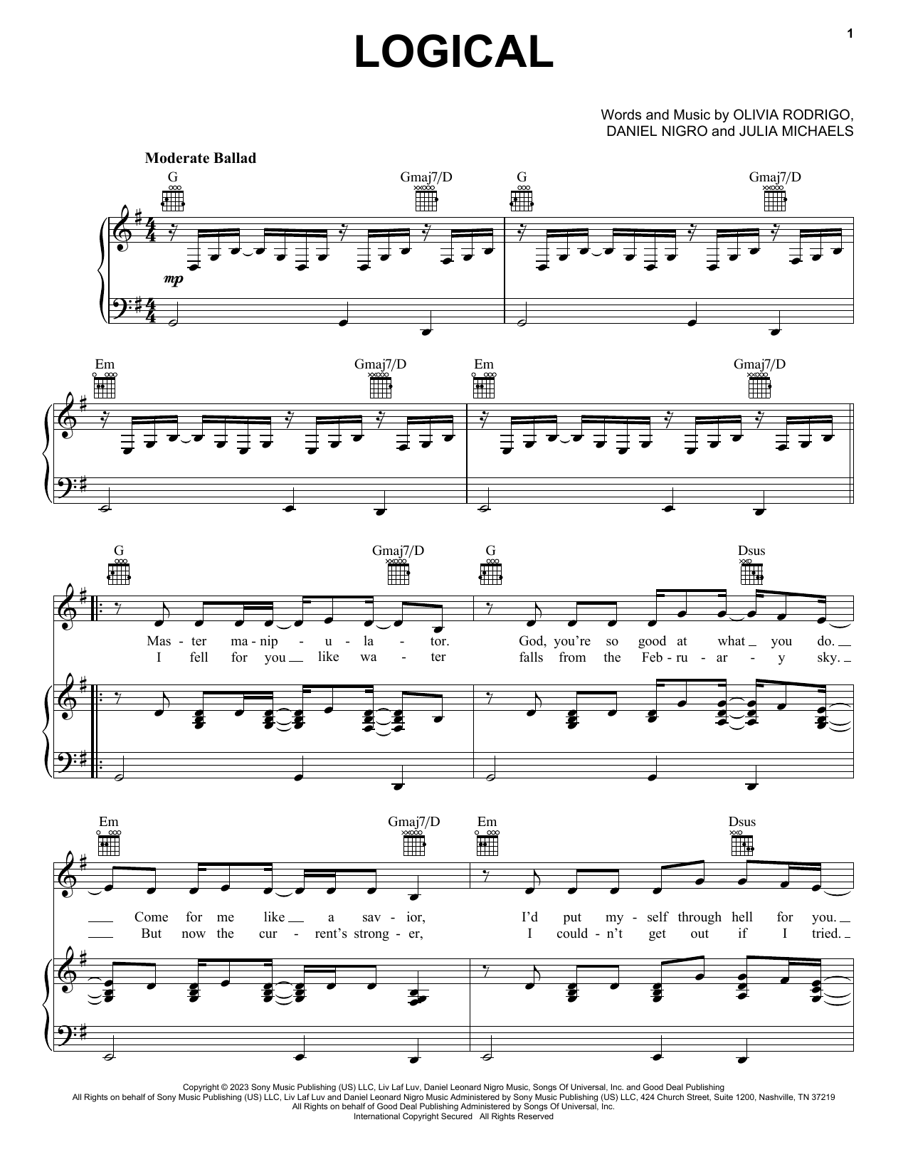 Olivia Rodrigo logical sheet music notes and chords. Download Printable PDF.