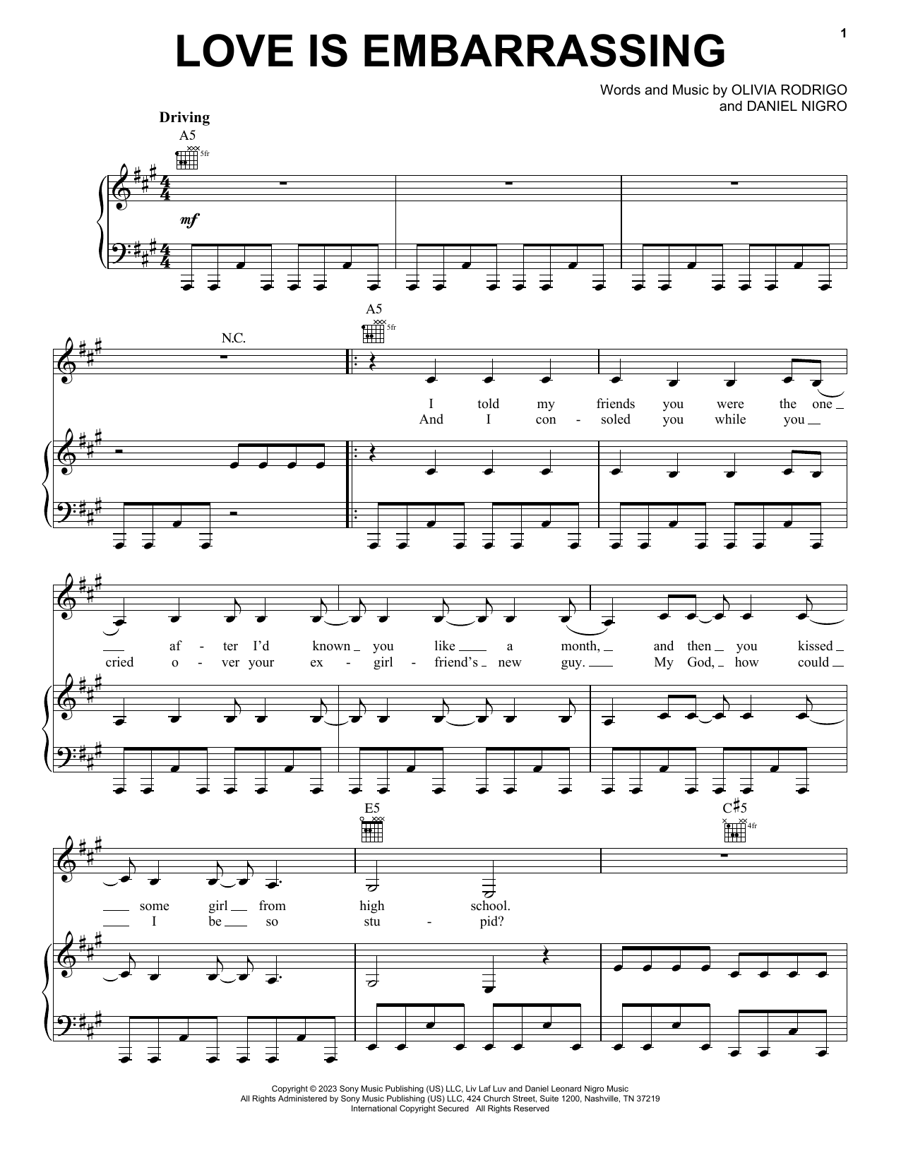 Olivia Rodrigo love is embarrassing sheet music notes and chords. Download Printable PDF.