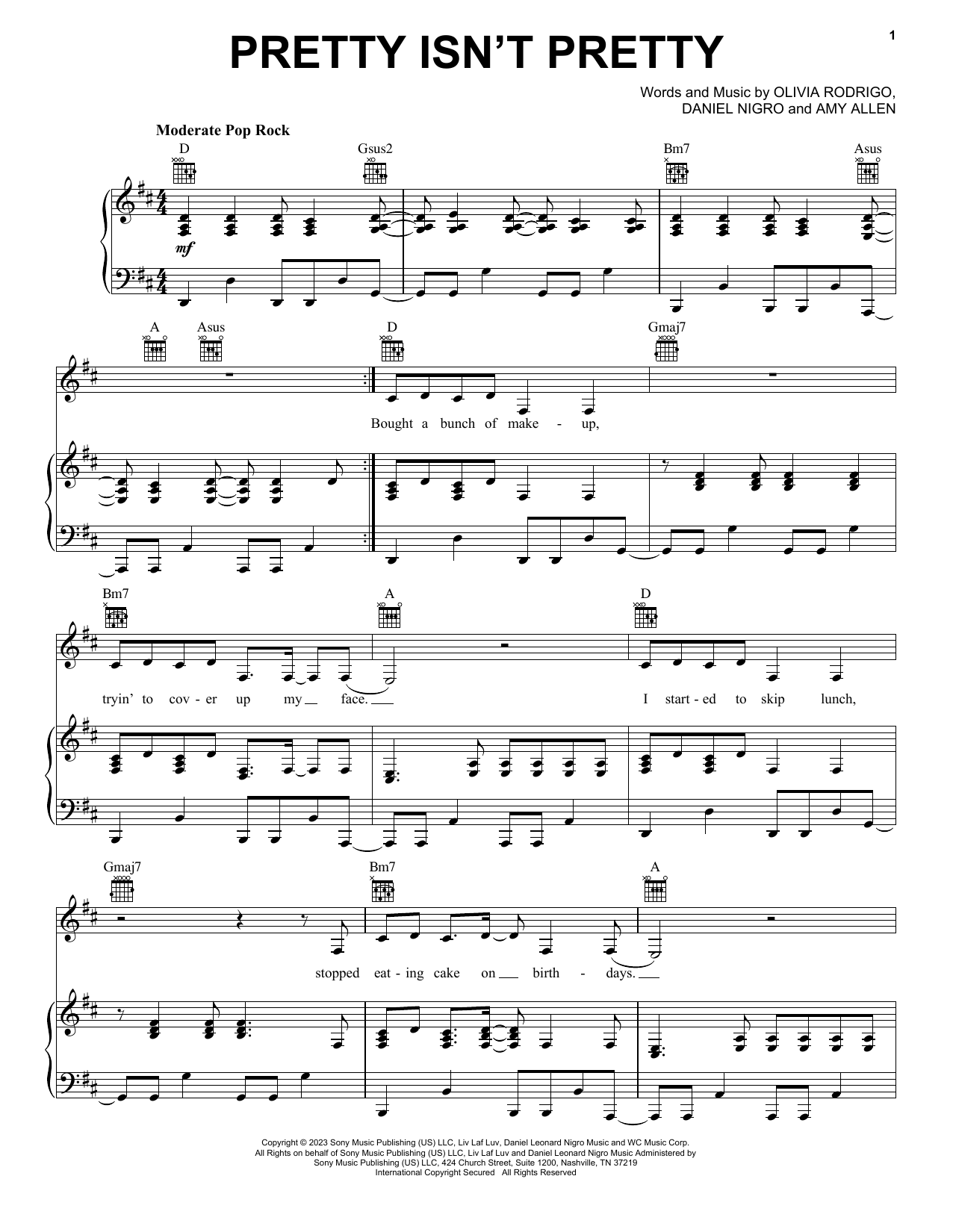 Olivia Rodrigo pretty isn't pretty sheet music notes and chords. Download Printable PDF.