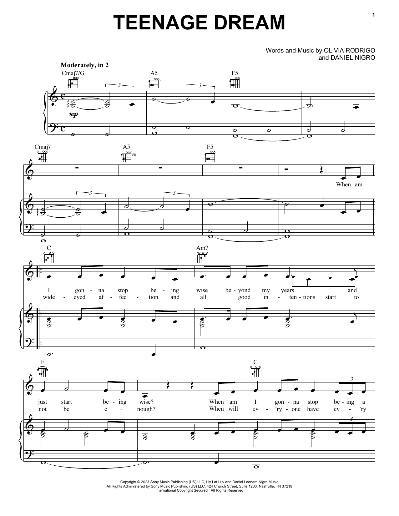 Olivia Rodrigo teenage dream sheet music notes and chords. Download Printable PDF.