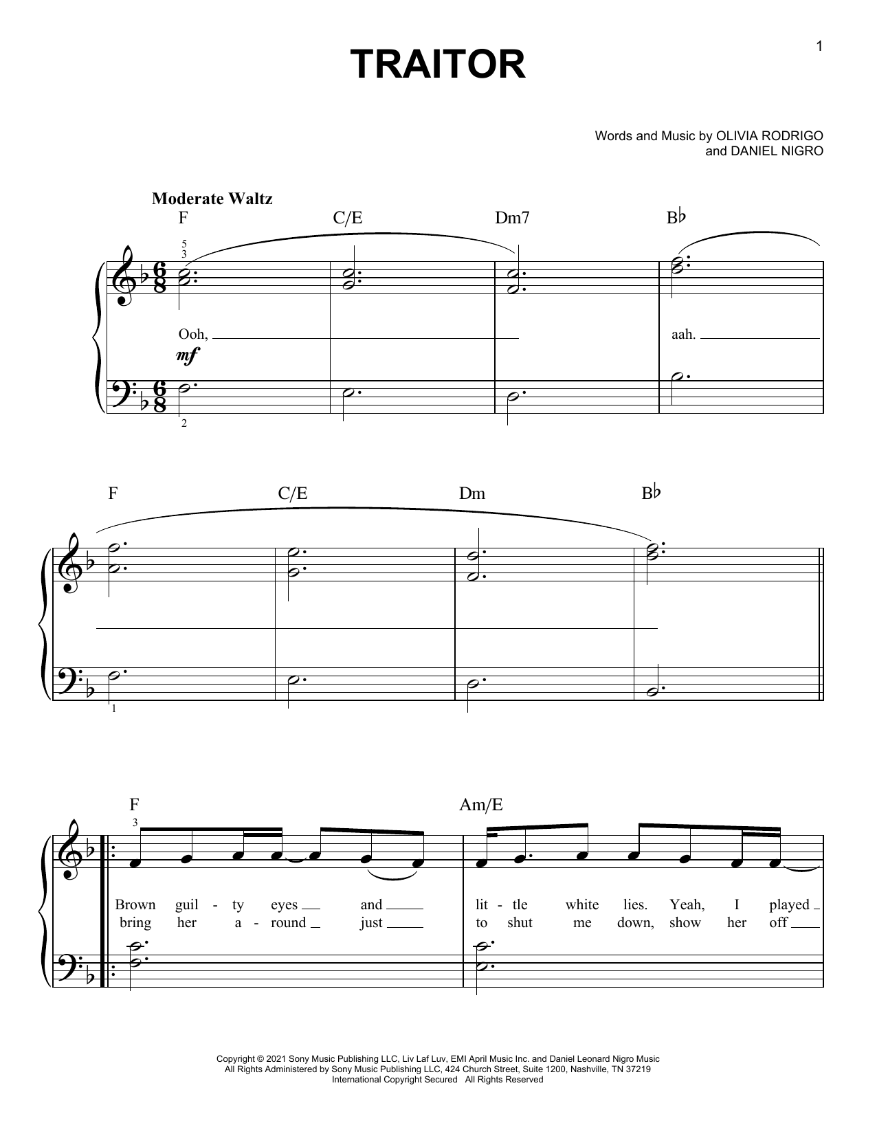 Olivia Rodrigo traitor sheet music notes and chords. Download Printable PDF.