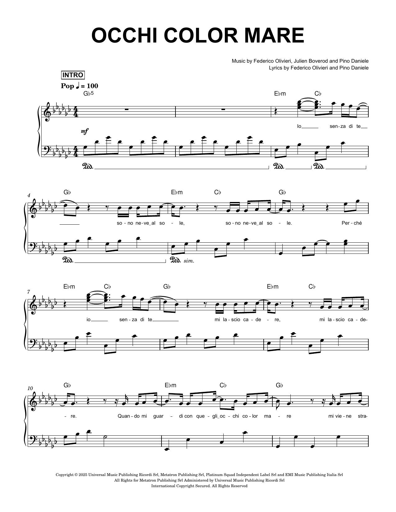 Olly, Juli Occhi color mare sheet music notes and chords arranged for Piano & Lyrics