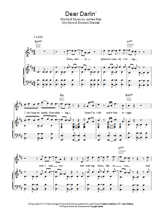 Learn to play Olly Murs Dear Darlin' sheet music for Piano, Vocal & Guitar Chords in minutes. Price: 7.8900$ Olly Murs Dear Darlin' sheet music notes and chords arranged for Piano, Vocal & Guitar Chords