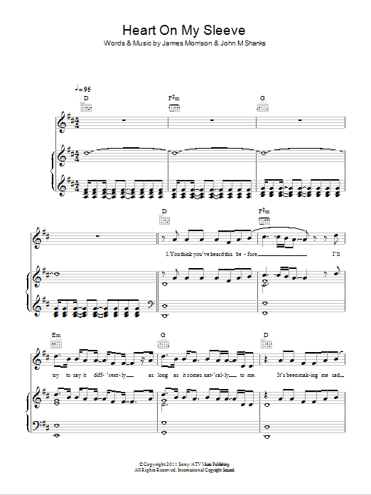 Learn to play Olly Murs Heart On My Sleeve sheet music for Piano, Vocal & Guitar Chords in minutes. Price: 7.8900$ Olly Murs Heart On My Sleeve sheet music notes and chords arranged for Piano, Vocal & Guitar Chords