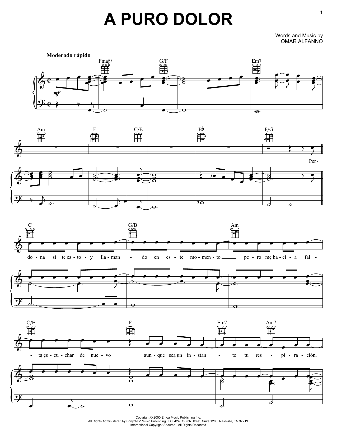 Learn to play Omar Alfanno A Puro Dolor sheet music for Piano, Vocal & Guitar Chords (Right-Hand Melody) in minutes. Price: 7.8900$ Omar Alfanno A Puro Dolor sheet music notes and chords arranged for Piano, Vocal & Guitar Chords (Right-Hand Melody)