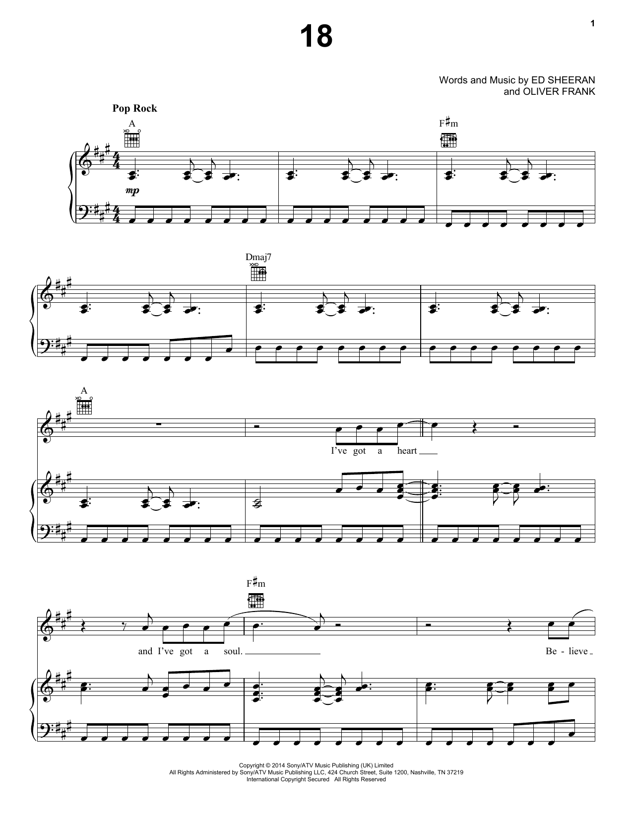 One Direction 18 sheet music notes and chords arranged for Piano, Vocal & Guitar Chords (Right-Hand Melody)