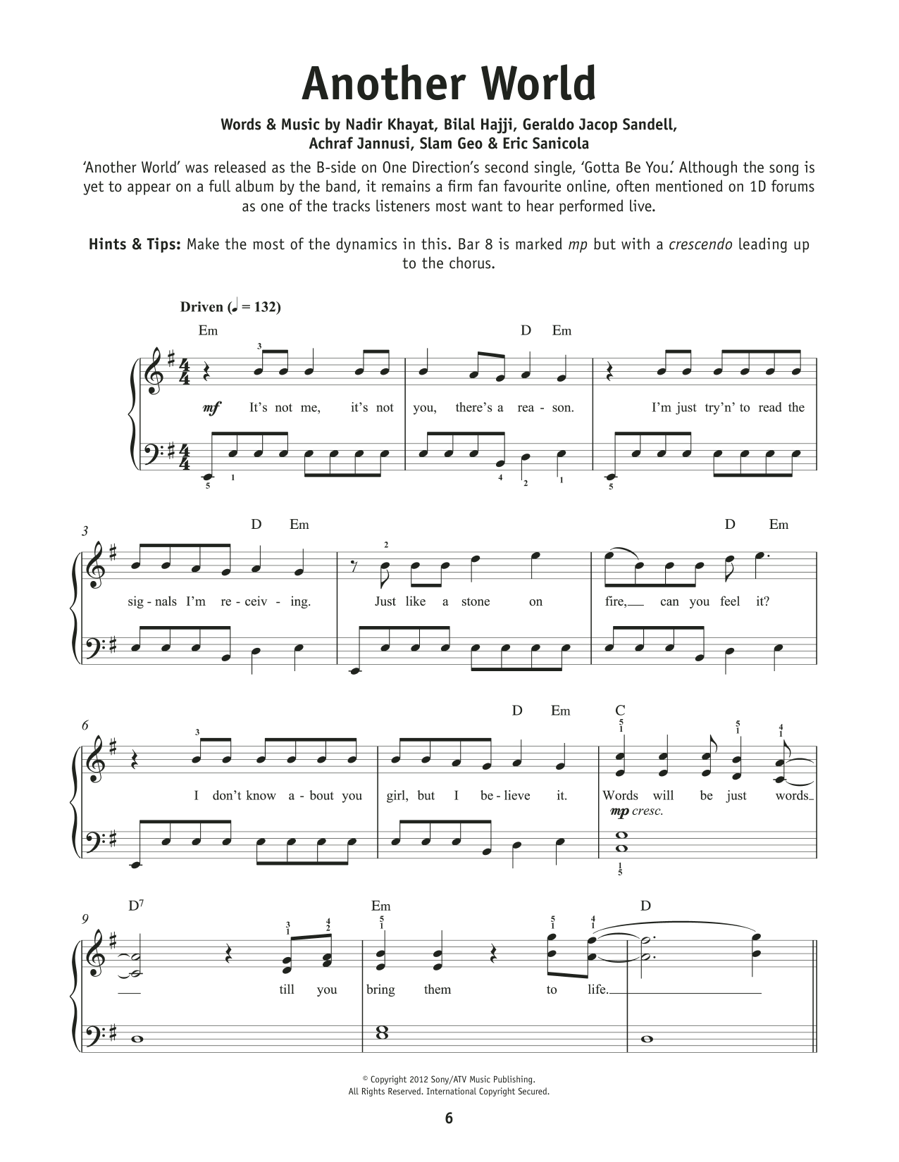 One Direction Another World sheet music notes and chords arranged for Really Easy Piano
