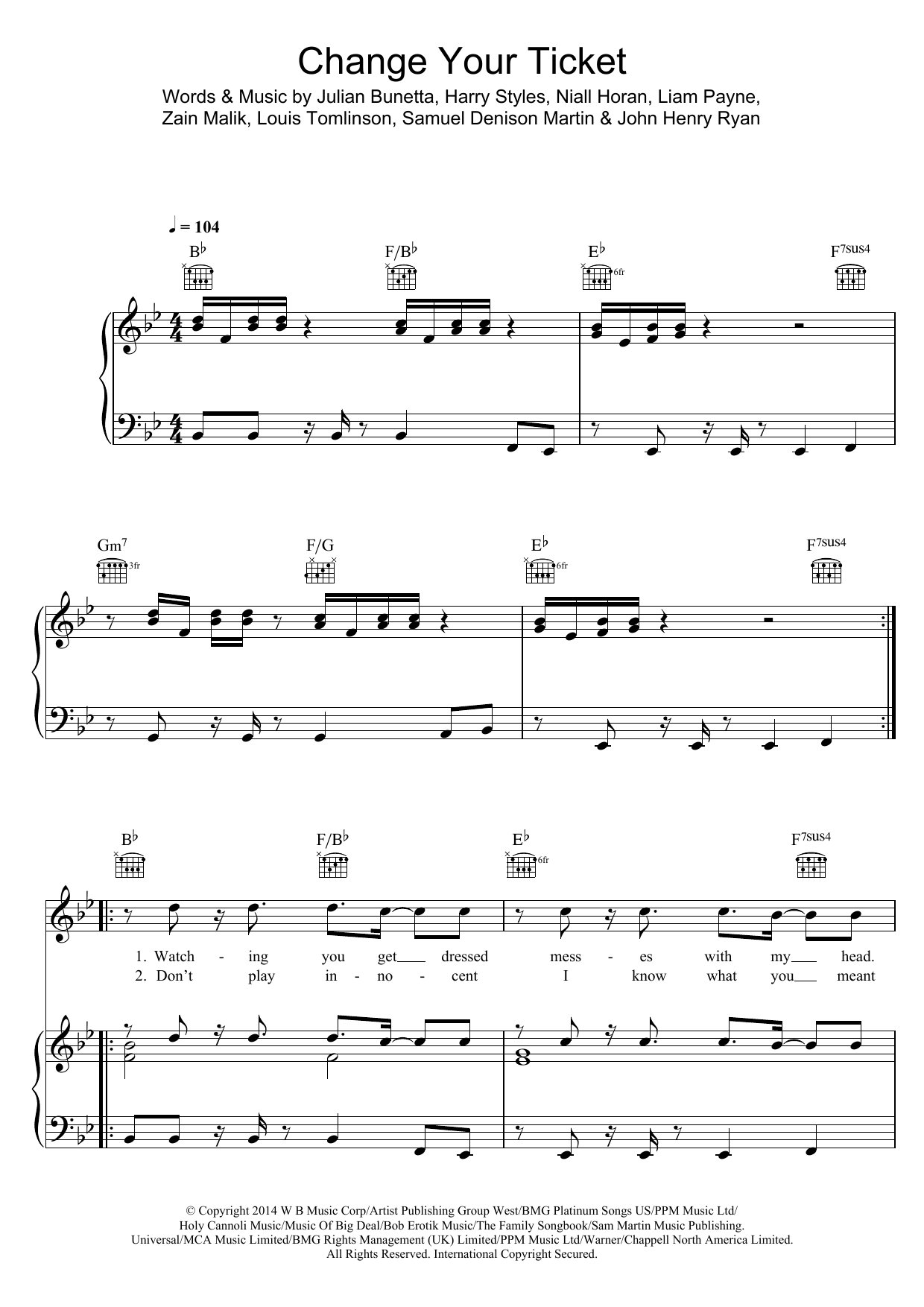 Learn to play One Direction Change Your Ticket sheet music for Piano, Vocal & Guitar Chords in minutes. Price: 7.8900$ One Direction Change Your Ticket sheet music notes and chords arranged for Piano, Vocal & Guitar Chords
