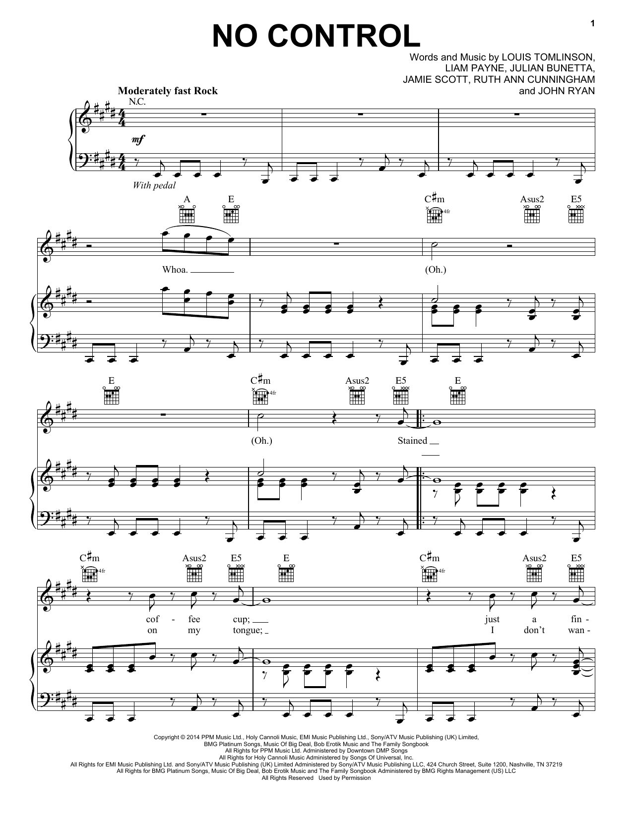 One Direction No Control sheet music notes and chords arranged for Piano, Vocal & Guitar Chords (Right-Hand Melody)