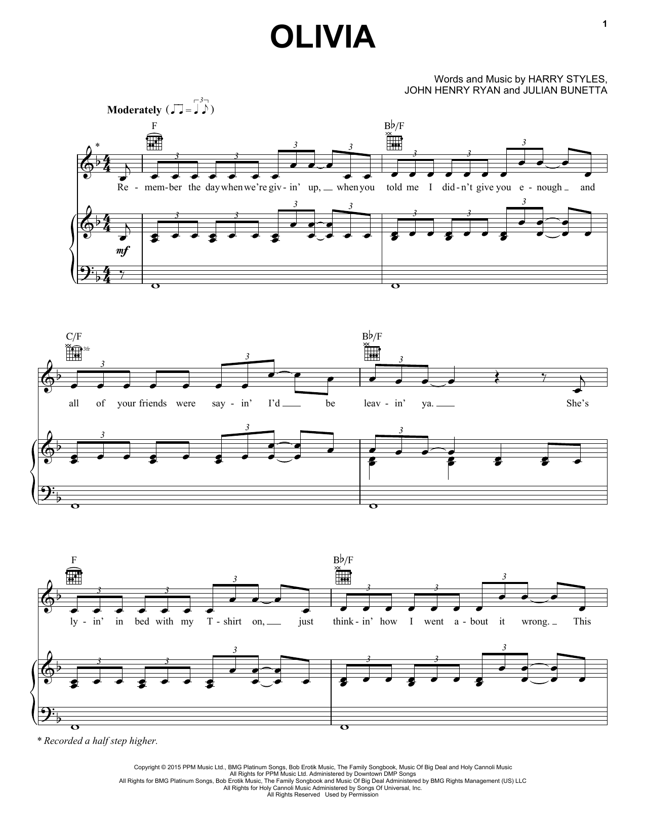 Learn to play One Direction Olivia sheet music for Piano, Vocal & Guitar Chords (Right-Hand Melody) in minutes. Price: 7.8900$ One Direction Olivia sheet music notes and chords arranged for Piano, Vocal & Guitar Chords (Right-Hand Melody)