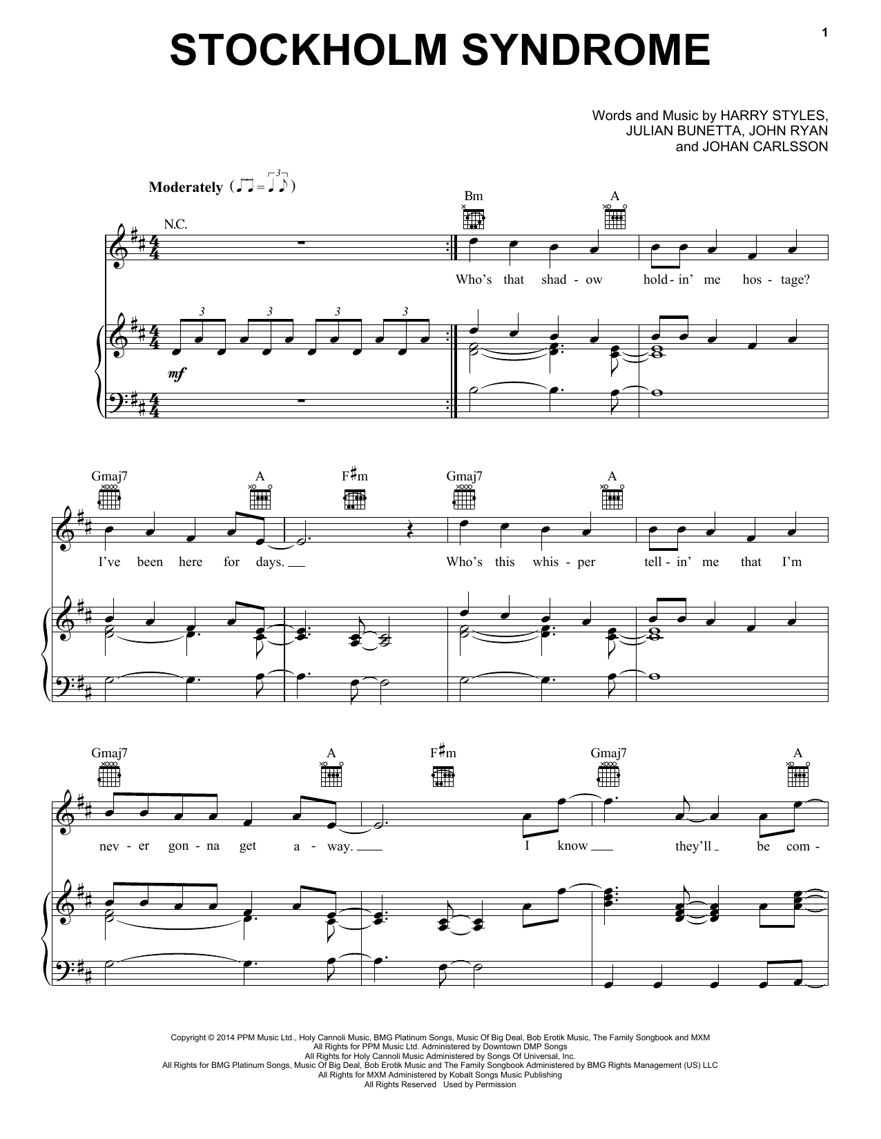 One Direction Stockholm Syndrome sheet music notes and chords arranged for Piano, Vocal & Guitar Chords