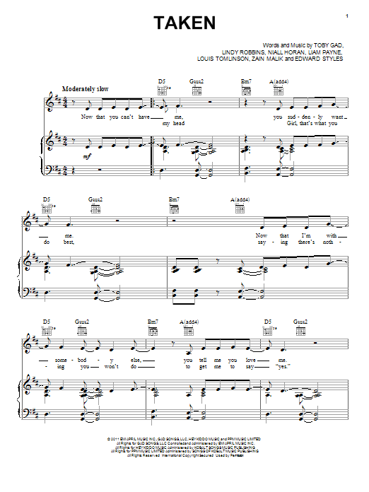 Learn to play One Direction Taken sheet music for Piano, Vocal & Guitar Chords (Right-Hand Melody) in minutes. Price: 7.8900$ One Direction Taken sheet music notes and chords arranged for Piano, Vocal & Guitar Chords (Right-Hand Melody)