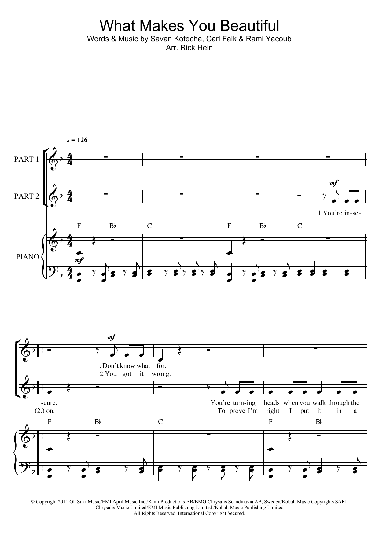 Learn to play One Direction What Makes You Beautiful (arr. Rick Hein) sheet music for Choir in minutes. Price: 3.9900$ One Direction What Makes You Beautiful (arr. Rick Hein) sheet music notes and chords arranged for Choir